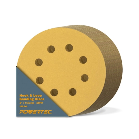 Powertec 5 in. x 8 Holes, 220 Grit, A/O Hook & Loop Sanding Disc, Gold, 50PK 44022G-50